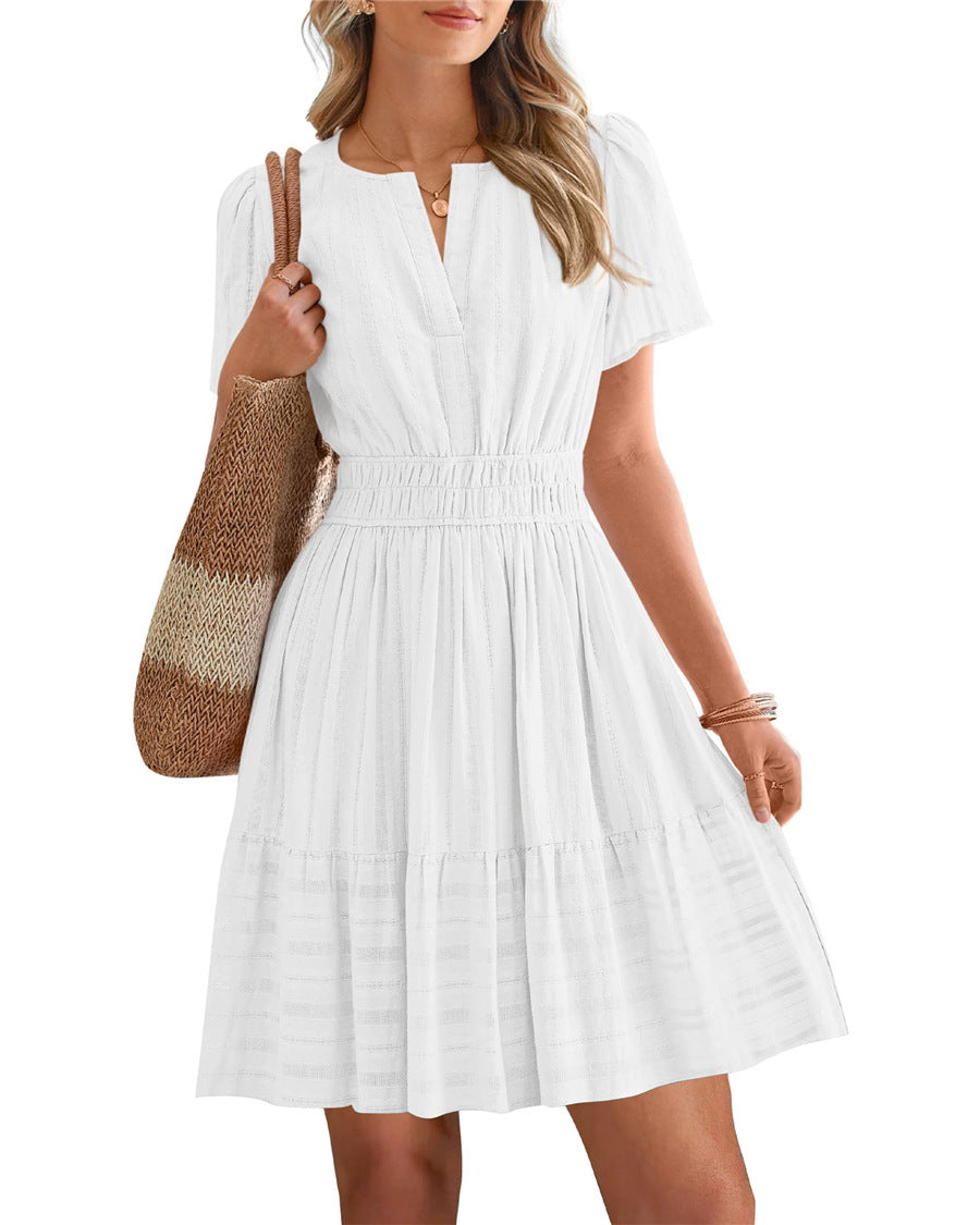 Womens Summer 2026🔥Casual Mini Dresses Lightweight Short Sleeve V Neck Elastic Waist Cute Boho Beach Dress Pockets