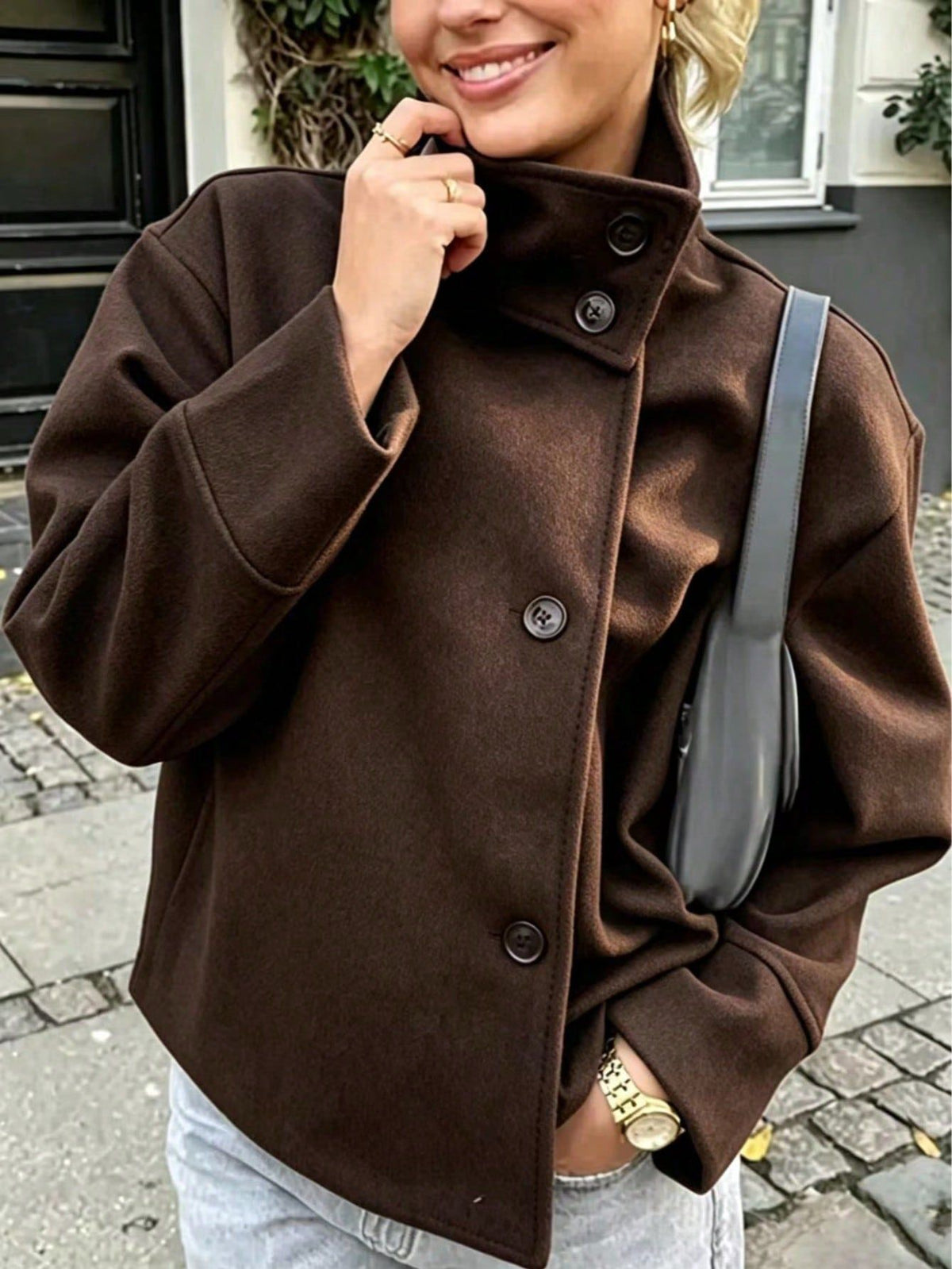 Buenoble Women Oversized Stand Collar Wool Blend Pea Coat, Loose Double Button Minimalist Short Winter Casual Outerwear Jacket