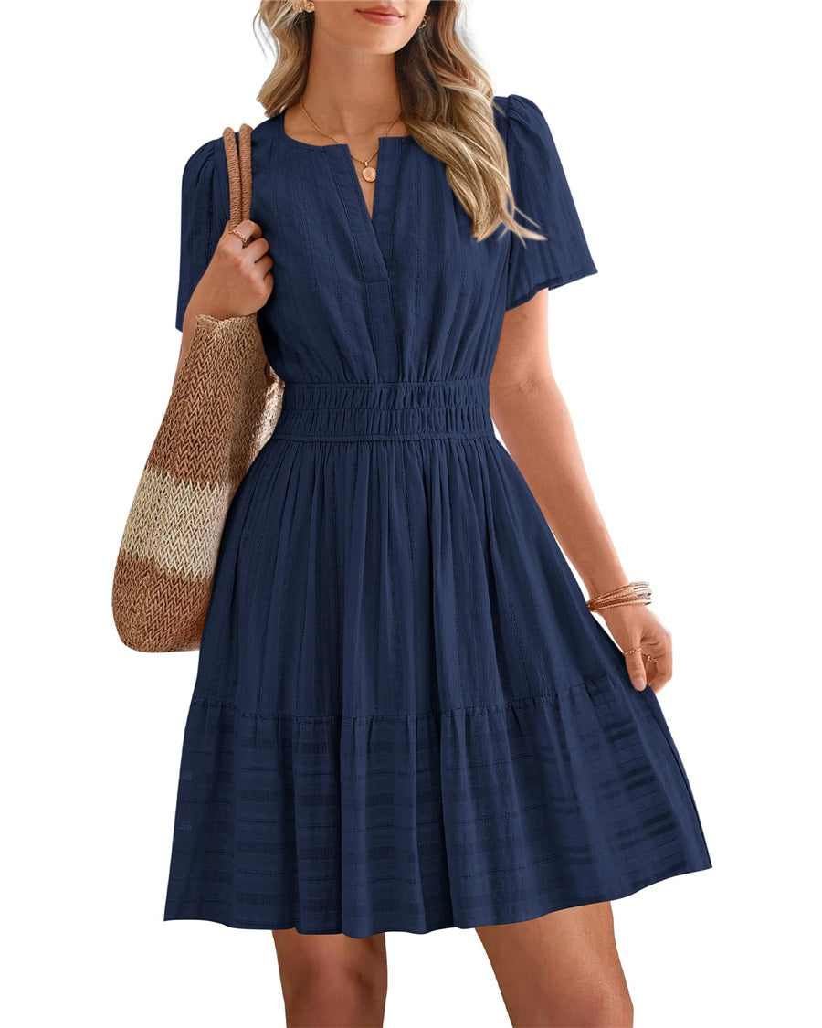 Womens Summer 2026🔥Casual Mini Dresses Lightweight Short Sleeve V Neck Elastic Waist Cute Boho Beach Dress Pockets