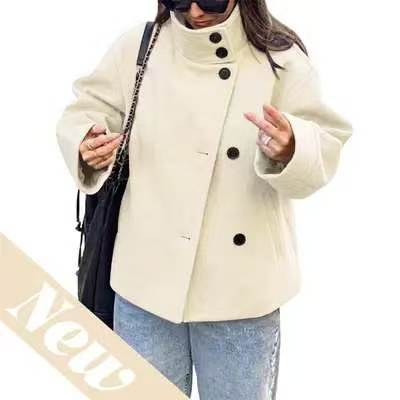Buenoble Women Oversized Stand Collar Wool Blend Pea Coat, Loose Double Button Minimalist Short Winter Casual Outerwear Jacket