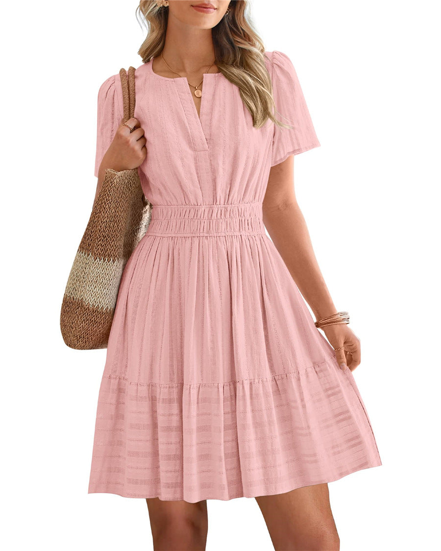Womens Summer 2026🔥Casual Mini Dresses Lightweight Short Sleeve V Neck Elastic Waist Cute Boho Beach Dress Pockets