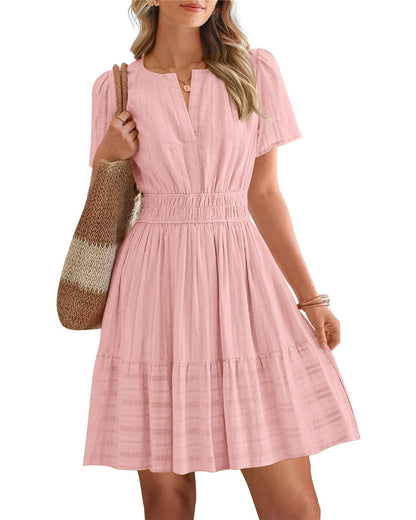 Womens Summer 2026🔥Casual Mini Dresses Lightweight Short Sleeve V Neck Elastic Waist Cute Boho Beach Dress Pockets