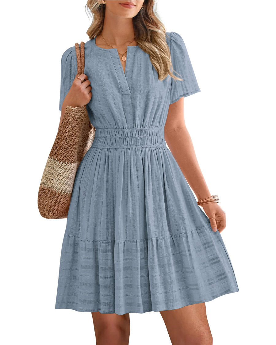 Womens Summer 2026🔥Casual Mini Dresses Lightweight Short Sleeve V Neck Elastic Waist Cute Boho Beach Dress Pockets