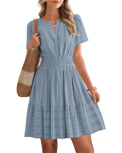 Womens Summer 2026🔥Casual Mini Dresses Lightweight Short Sleeve V Neck Elastic Waist Cute Boho Beach Dress Pockets