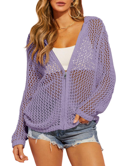 Breezy Crochet Zip-Up Hooded Cardigan