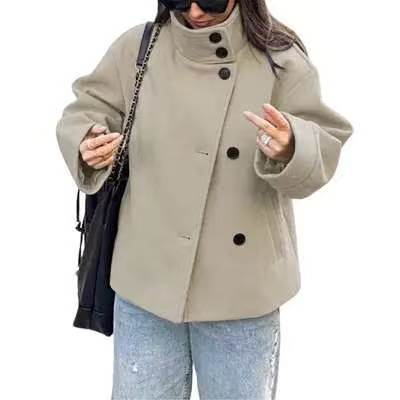 Buenoble Women Oversized Stand Collar Wool Blend Pea Coat, Loose Double Button Minimalist Short Winter Casual Outerwear Jacket