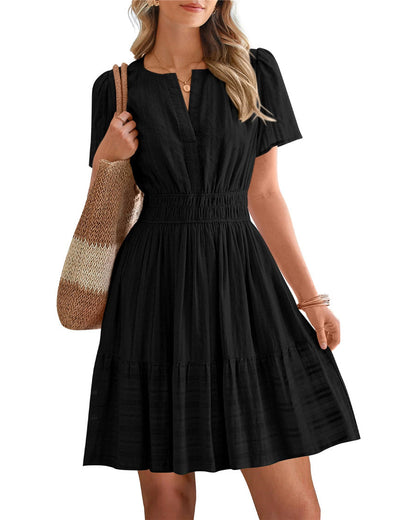 Womens Summer 2026🔥Casual Mini Dresses Lightweight Short Sleeve V Neck Elastic Waist Cute Boho Beach Dress Pockets