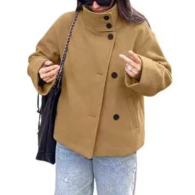 Buenoble Women Oversized Stand Collar Wool Blend Pea Coat, Loose Double Button Minimalist Short Winter Casual Outerwear Jacket