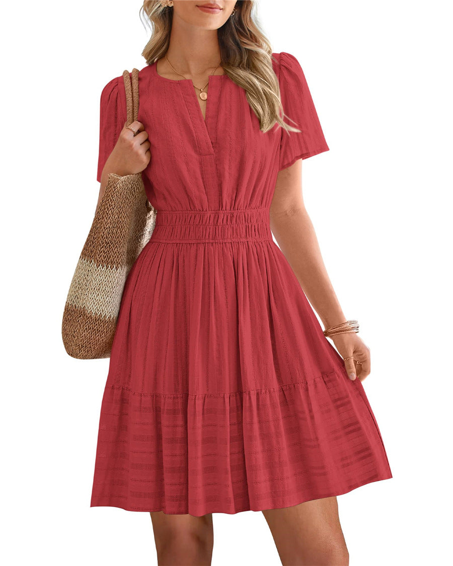 Womens Summer 2026🔥Casual Mini Dresses Lightweight Short Sleeve V Neck Elastic Waist Cute Boho Beach Dress Pockets