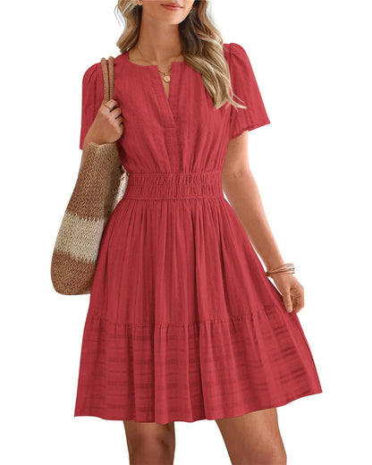 Womens Summer 2026🔥Casual Mini Dresses Lightweight Short Sleeve V Neck Elastic Waist Cute Boho Beach Dress Pockets
