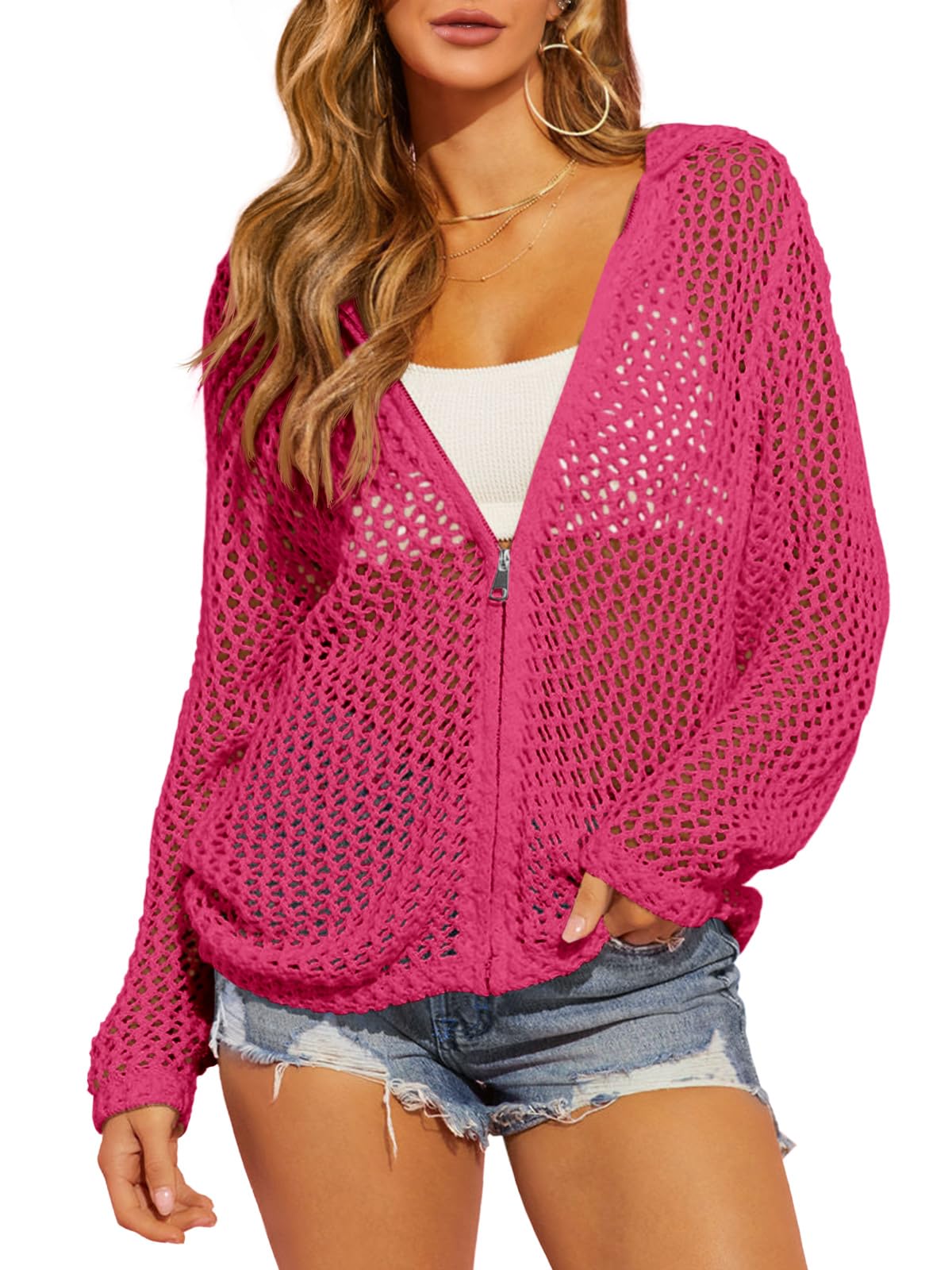 Breezy Crochet Zip-Up Hooded Cardigan