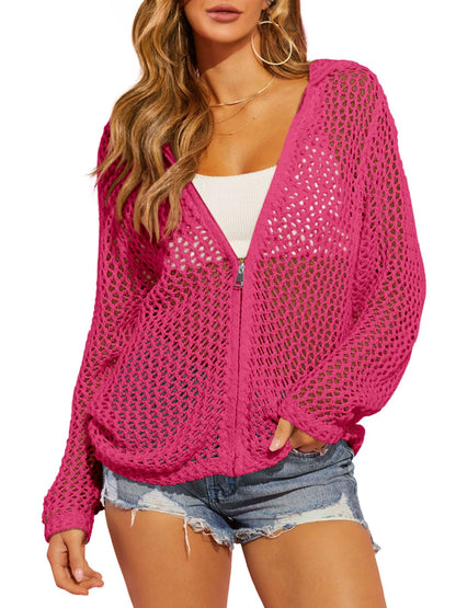 Breezy Crochet Zip-Up Hooded Cardigan