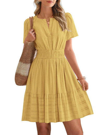 Womens Summer 2026🔥Casual Mini Dresses Lightweight Short Sleeve V Neck Elastic Waist Cute Boho Beach Dress Pockets