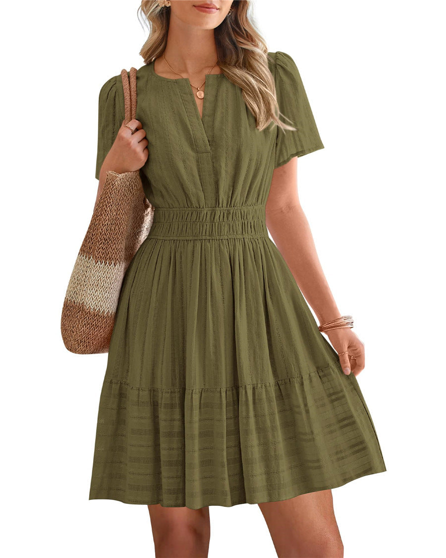 Womens Summer 2026🔥Casual Mini Dresses Lightweight Short Sleeve V Neck Elastic Waist Cute Boho Beach Dress Pockets