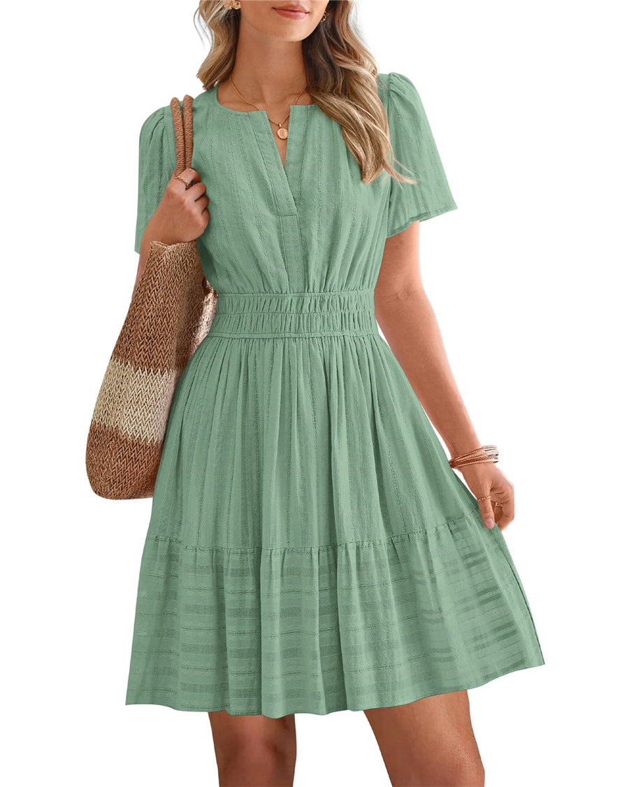 Womens Summer 2026🔥Casual Mini Dresses Lightweight Short Sleeve V Neck Elastic Waist Cute Boho Beach Dress Pockets