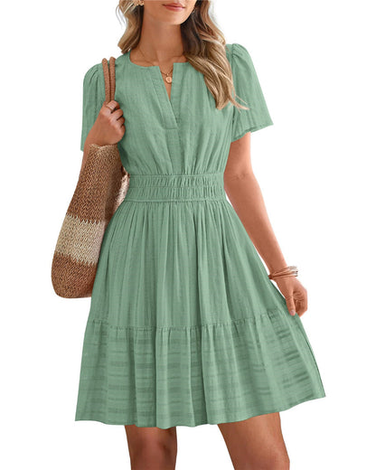 Womens Summer 2026🔥Casual Mini Dresses Lightweight Short Sleeve V Neck Elastic Waist Cute Boho Beach Dress Pockets