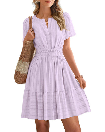 Womens Summer 2026🔥Casual Mini Dresses Lightweight Short Sleeve V Neck Elastic Waist Cute Boho Beach Dress Pockets