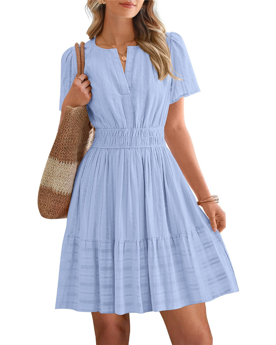 Womens Summer 2026🔥Casual Mini Dresses Lightweight Short Sleeve V Neck Elastic Waist Cute Boho Beach Dress Pockets