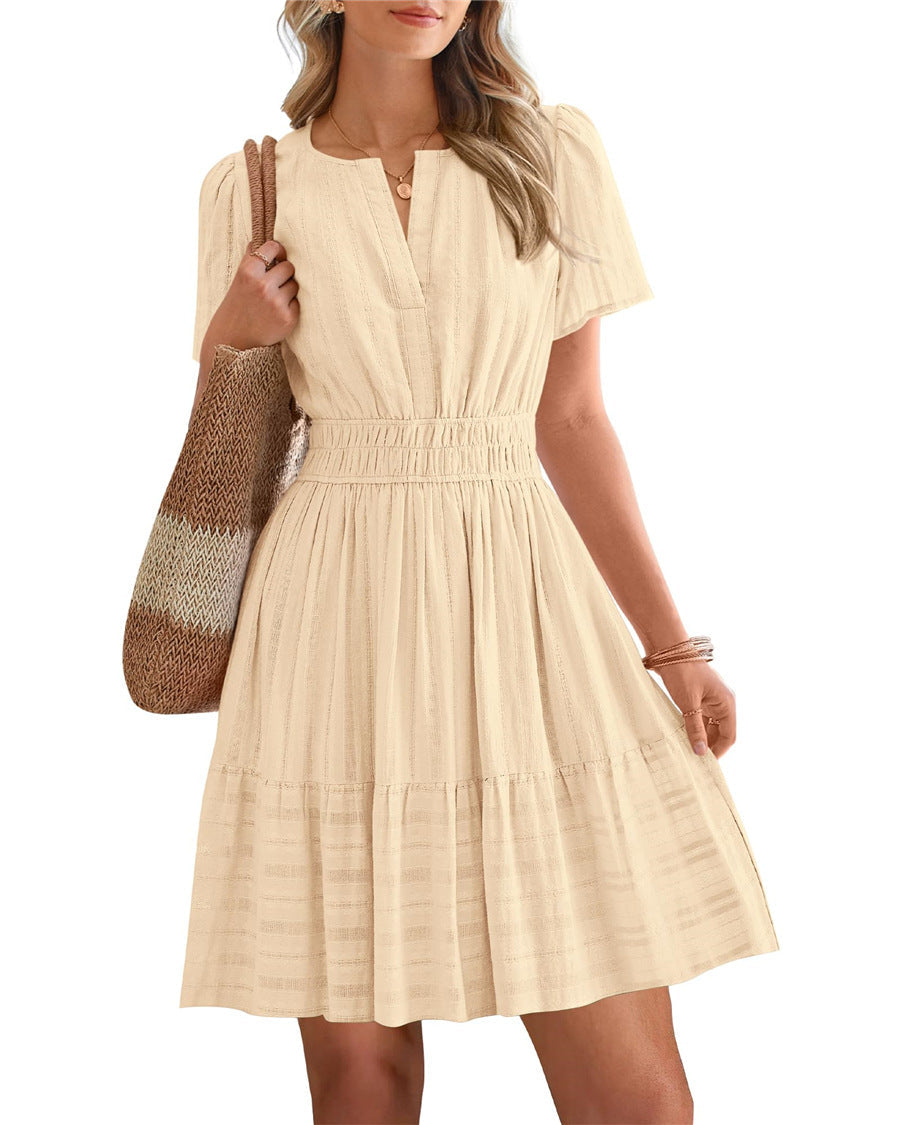 Womens Summer 2026🔥Casual Mini Dresses Lightweight Short Sleeve V Neck Elastic Waist Cute Boho Beach Dress Pockets
