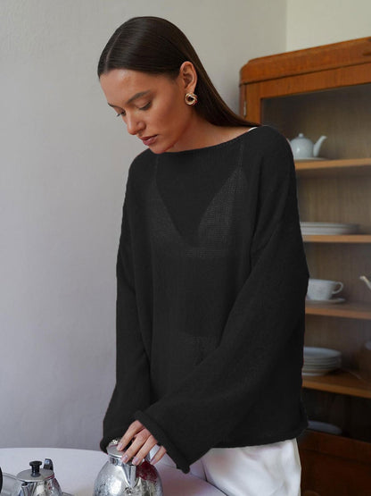 ✨2026 Spring Summer New Arrival Women’s Hollow‑Out Knit Top, Thin Round‑Neck Flare Sleeve Loose Long Sleeve Sweater, S‑5XL