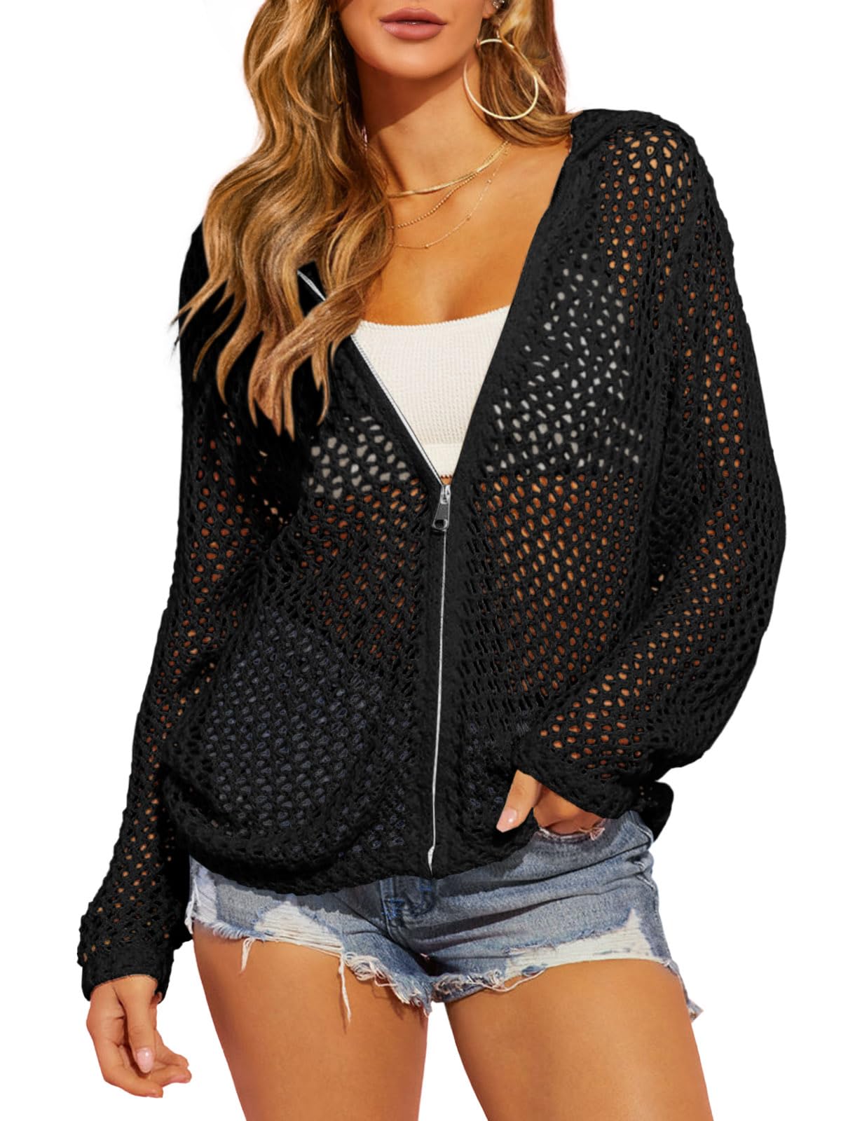 Breezy Crochet Zip-Up Hooded Cardigan
