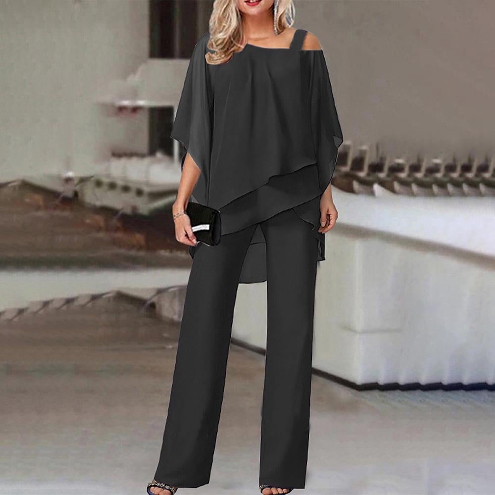 🏆 Elegant Layered Chiffon Top & Wide-Leg Pants Set