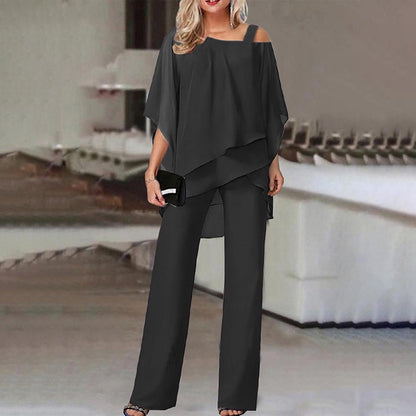 🏆 Elegant Layered Chiffon Top & Wide-Leg Pants Set
