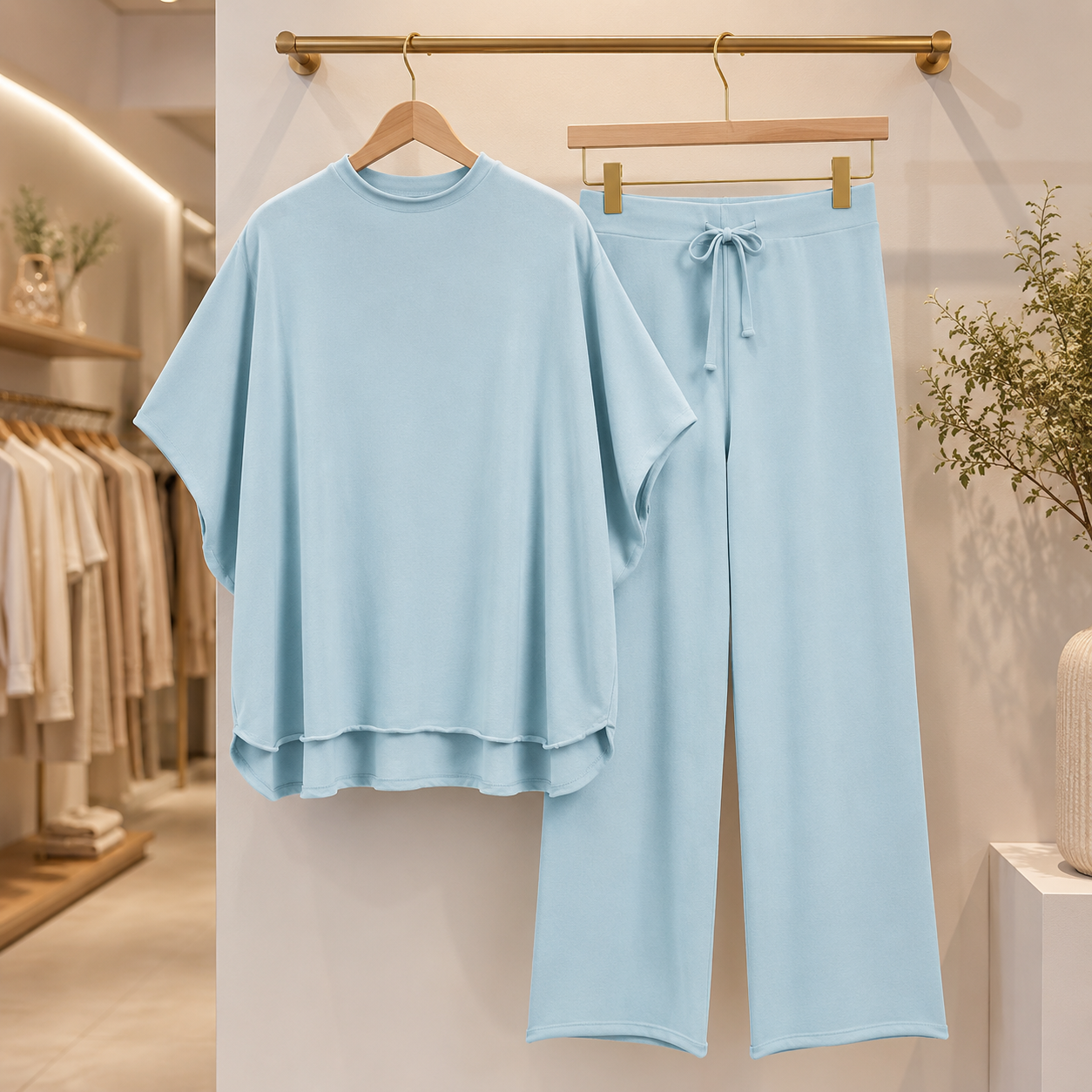 Women's 2 Piece Outfits Lounge Set 3/4 Batwing Sleeve Capelet Crew Neck Pullover Tops Wide Leg Pants Travel Set