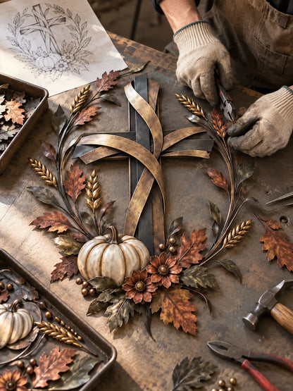 ✝️🍂 Autumn Cross & Pumpkin Harvest Metal Wall Decor