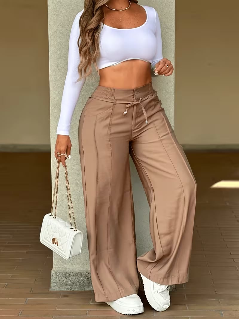 2026 New Women's High Waist Pleated Wide Leg Pants, Elastic Comfort Waistband Vertical Line Pleat Casual Trousers, Modern Flowy Work & Date Wear Bottoms