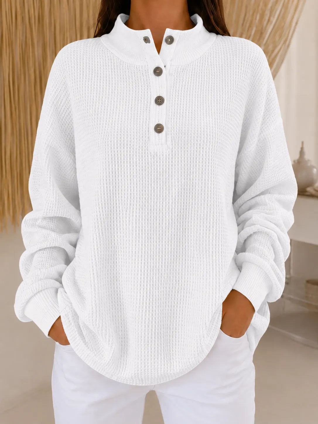 Women’s Waffle Knit Button Neck Pullover