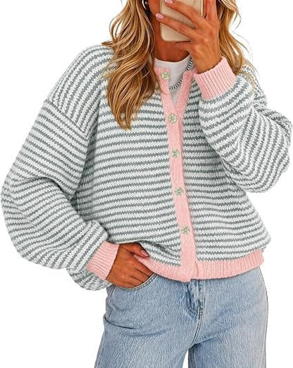 🍂Women's Color-Block Striped Button-Front Knit Cardigan
