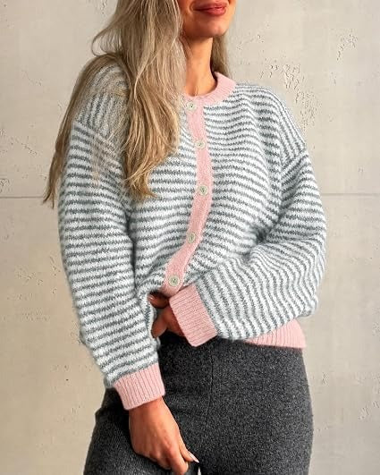 🍂Women's Color-Block Striped Button-Front Knit Cardigan
