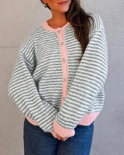 🍂Women's Color-Block Striped Button-Front Knit Cardigan