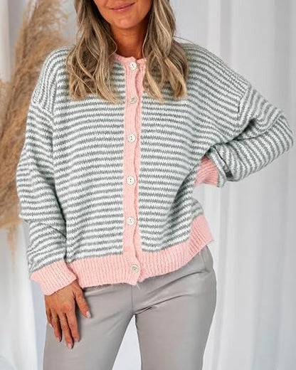 🍂Women's Color-Block Striped Button-Front Knit Cardigan