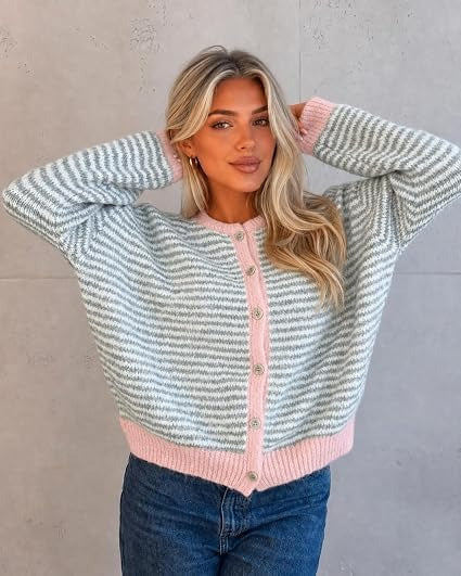 🍂Women's Color-Block Striped Button-Front Knit Cardigan