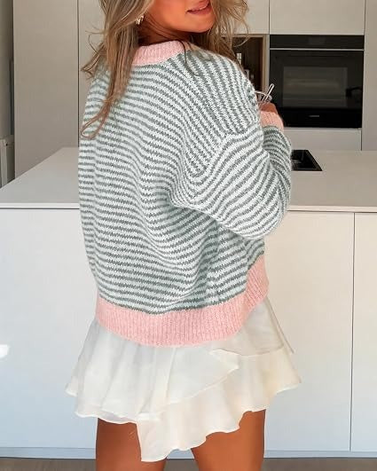 🍂Women's Color-Block Striped Button-Front Knit Cardigan