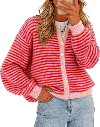 🍂Women's Color-Block Striped Button-Front Knit Cardigan
