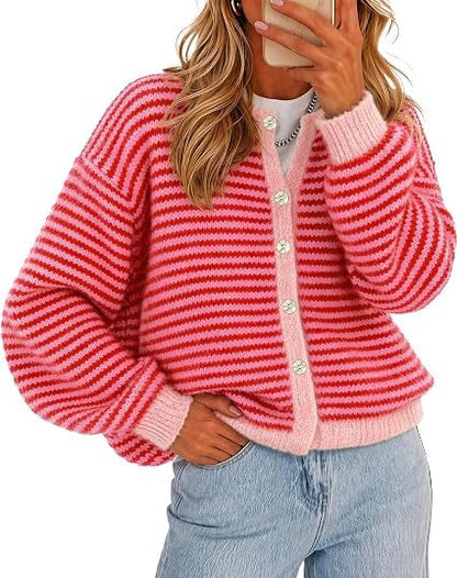 🍂Women's Color-Block Striped Button-Front Knit Cardigan