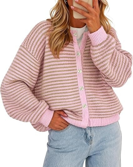 🍂Women's Color-Block Striped Button-Front Knit Cardigan