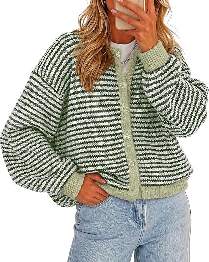 🍂Women's Color-Block Striped Button-Front Knit Cardigan