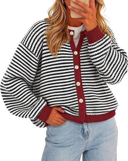 🍂Women's Color-Block Striped Button-Front Knit Cardigan