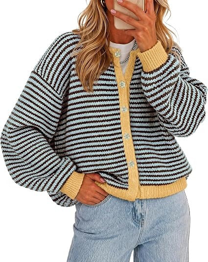 🍂Women's Color-Block Striped Button-Front Knit Cardigan