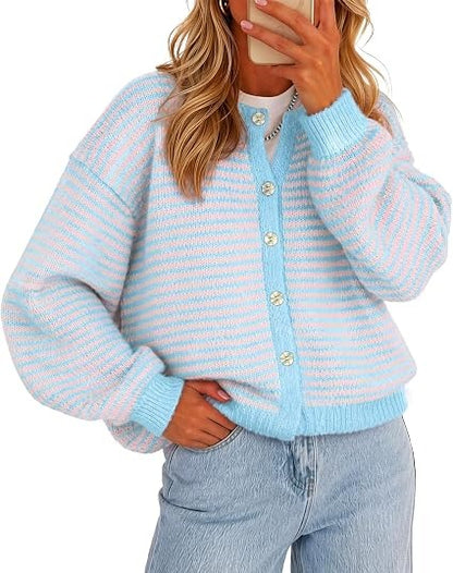 🍂Women's Color-Block Striped Button-Front Knit Cardigan
