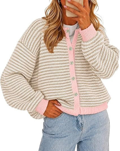 🍂Women's Color-Block Striped Button-Front Knit Cardigan