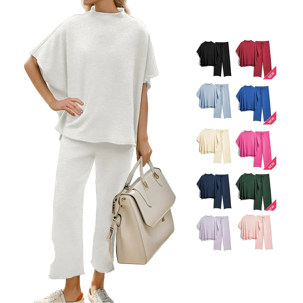 Women's 2 Piece Outfits Lounge Set 3/4 Batwing Sleeve Capelet Crew Neck Pullover Tops Wide Leg Pants Travel Set