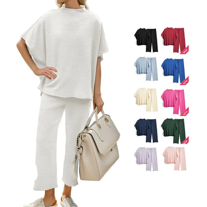 Women's 2 Piece Outfits Lounge Set 3/4 Batwing Sleeve Capelet Crew Neck Pullover Tops Wide Leg Pants Travel Set