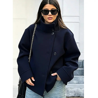 Buenoble Women Oversized Stand Collar Wool Blend Pea Coat, Loose Double Button Minimalist Short Winter Casual Outerwear Jacket