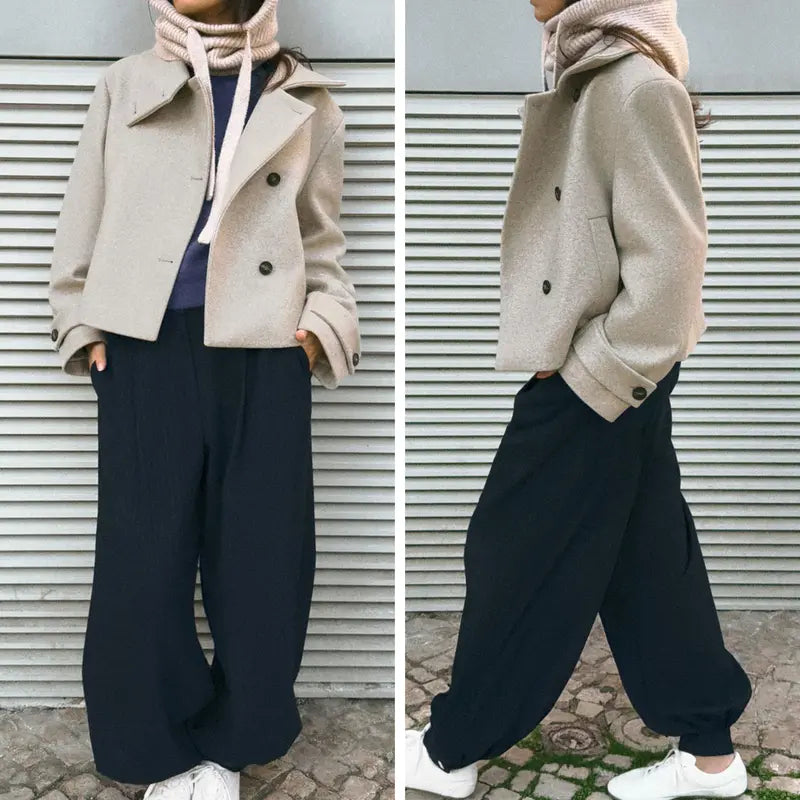 Buenoble Women Oversized Stand Collar Wool Blend Pea Coat, Loose Double Button Minimalist Short Winter Casual Outerwear Jacket