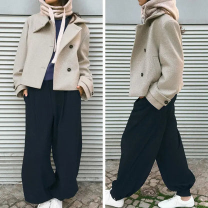 Buenoble Women Oversized Stand Collar Wool Blend Pea Coat, Loose Double Button Minimalist Short Winter Casual Outerwear Jacket